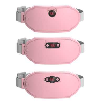 Pink stomach warming belt with vibration and heating, USB charging cable, two wormwood bags, and manual in a floral gift box. - Image 7