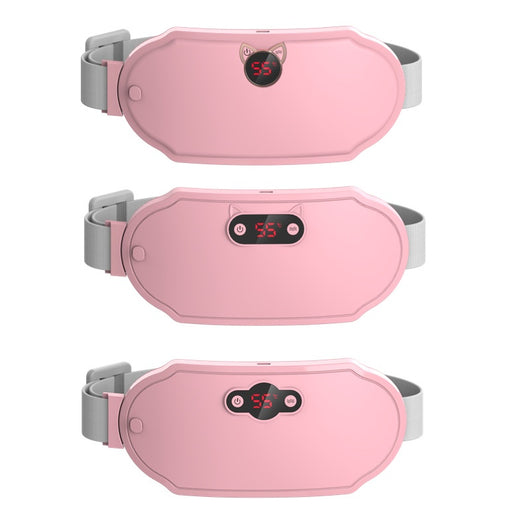 Pink stomach warming belt with vibration and heating, USB charging cable, two wormwood bags, and manual in a floral gift box. - Image 7