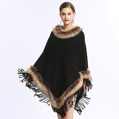 Poncho Tejido con Cuello de Piel Sintética de Zorro y Borlas - Image 8