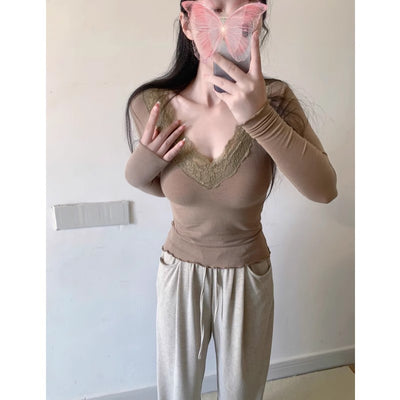 Blusa Base Elegante de Encaje con Cuello en V y Manga Larga - Image 3