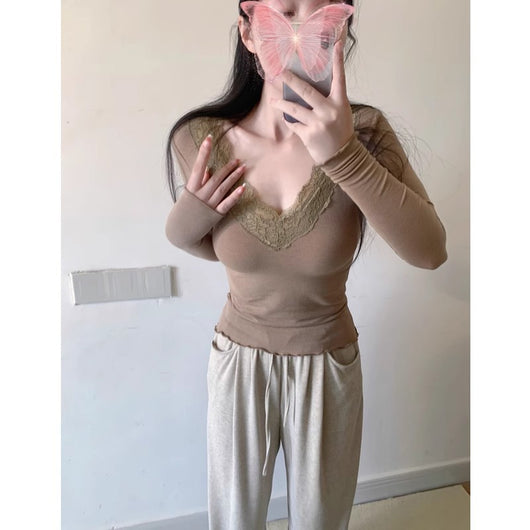 Blusa Base Elegante de Encaje con Cuello en V y Manga Larga - Image 3