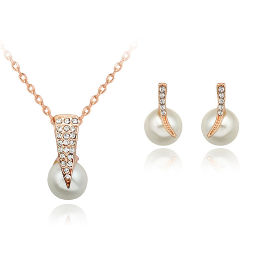 Rhinestone and pearl necklace and stud earring set with rose gold-toned metal, ideal for weddings or parties. - Image 7