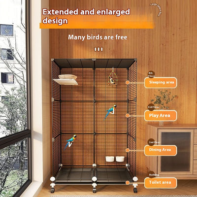 Large black metal bird cage with two columns and three levels, including perches, platforms, food bowls, and a pull-out tray. Two parrots are visible inside. - Image 4