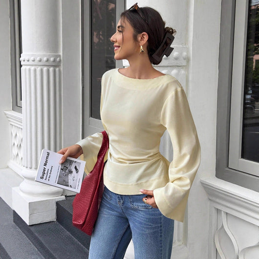 Blusa Tejida Cuello Redondo con Mangas Acampanadas Largas para Mujer - Image 3