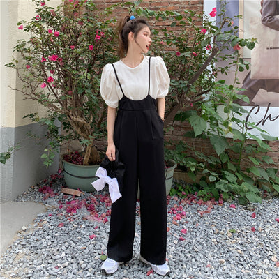 Jumpsuit Verano Elegante con Mangas Abullonadas y Piernas Anchas