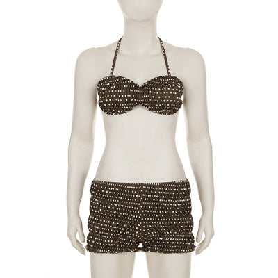 Dark brown polka dot halter bikini top with matching shirred high-waisted shorts for women. - Image 11