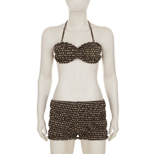 Dark brown polka dot halter bikini top with matching shirred high-waisted shorts for women. - Image 11