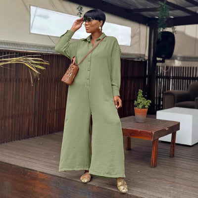 Jumpsuit Casual Holgado Cuello Redondo Manga Larga Pierna Ancha