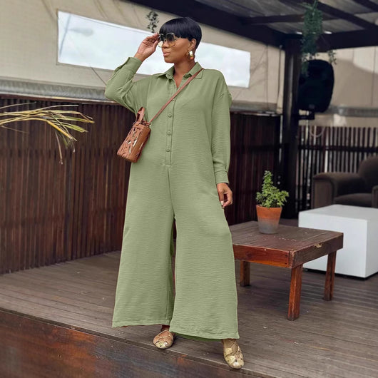 Jumpsuit Casual Holgado Cuello Redondo Manga Larga Pierna Ancha
