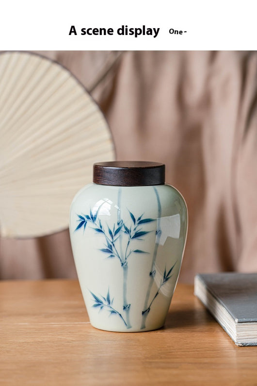 Frasco de Té Grande de Bambú Pintado a Mano con Detalles en Gris y Madera - Image 7