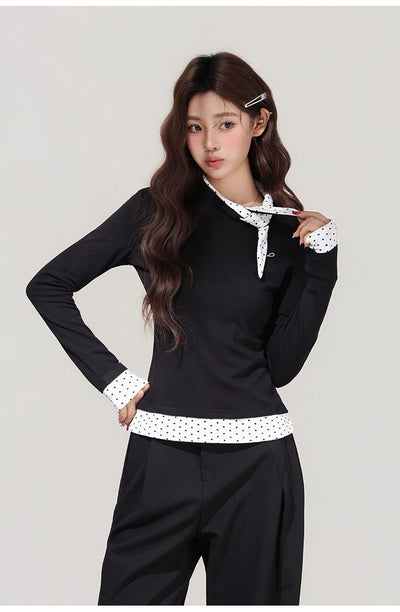 Blusa Negra con Lunares y Moño - Efecto Dos Piezas, Manga Larga - Image 13