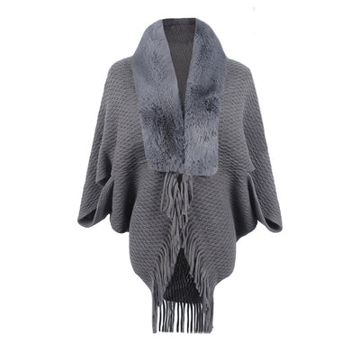 Capa Abrigo Tejida con Cuello de Piel y Borlas para Mujer - Image 6