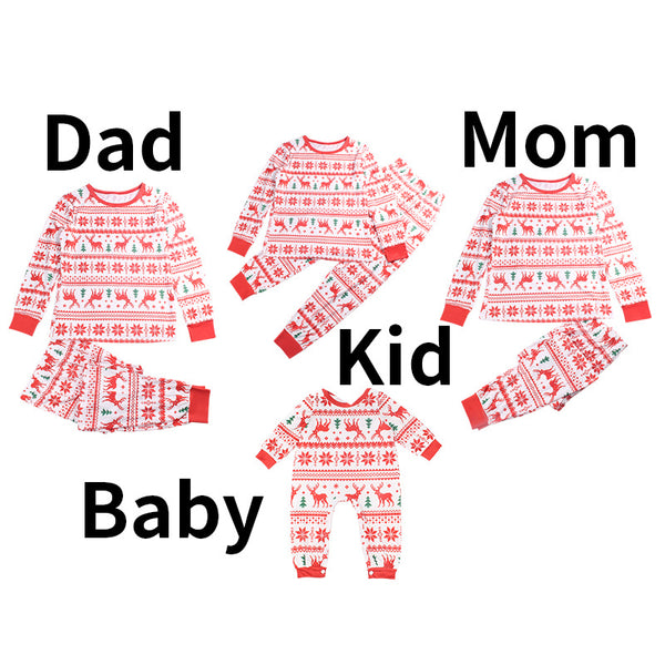 Red and white long-sleeved family matching pajamas with reindeer and snowflake pattern for dad, mom, kid, and baby.
