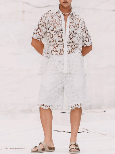 Conjunto de Blusa y Shorts con Encaje Floral Blanco - Image 2
