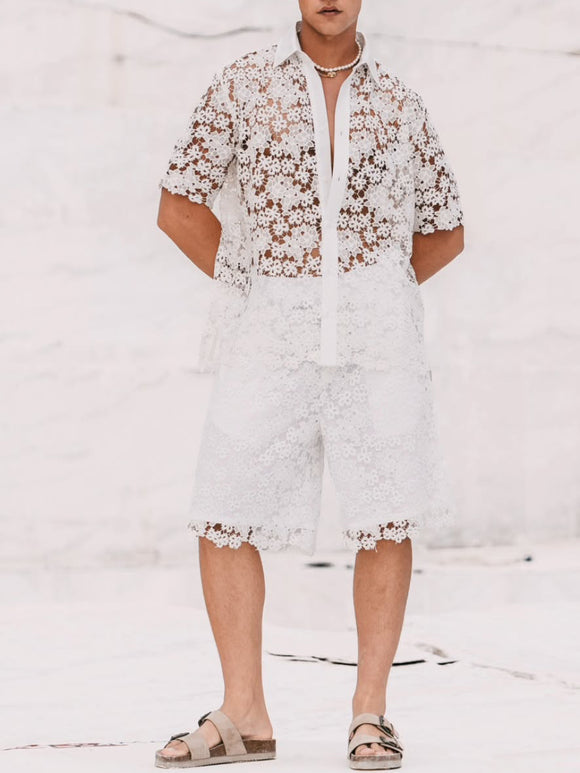 Conjunto de Blusa y Shorts con Encaje Floral Blanco
