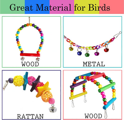 7-piece set of colorful wooden parrot toys with bells, including swings, perches, and chew toys for bird cages. - Image 6