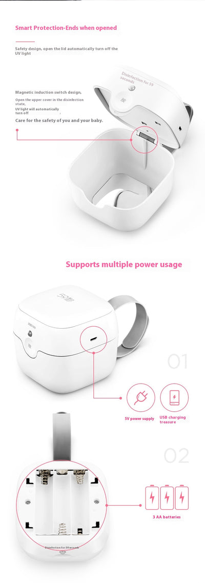 White 59 Seconds LED UV Mini Disinfection Box Pacifier Sterilizer with a grey carrying strap and ON/OFF button. - Image 4