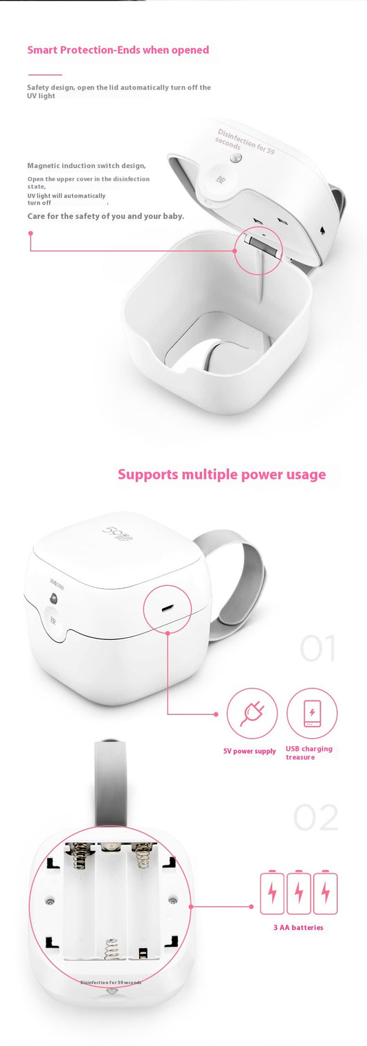 White 59 Seconds LED UV Mini Disinfection Box Pacifier Sterilizer with a grey carrying strap and ON/OFF button. - Image 4