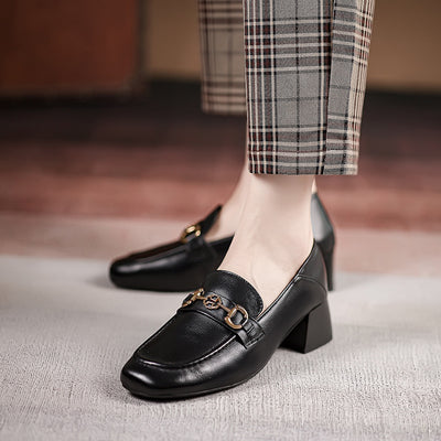 Mocasín Horsebit Cuero Mujer Tacón Medio Punta Cuadrada