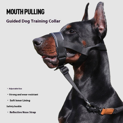 Black and brown leather and nylon dog muzzle with adjustable straps and a D-ring, shown with a size chart.