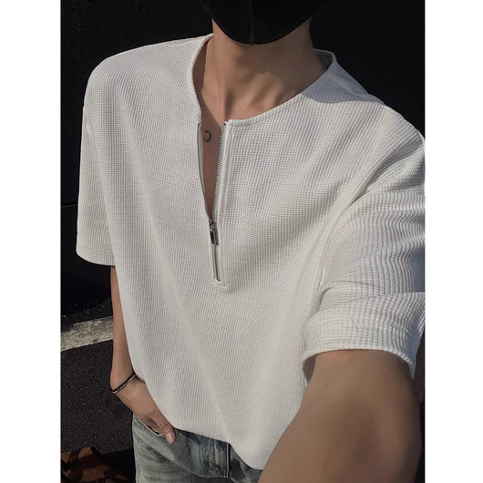 Playera Manga Corta Cuello Medio Cierre con Textura Waffle para Hombre - Image 8