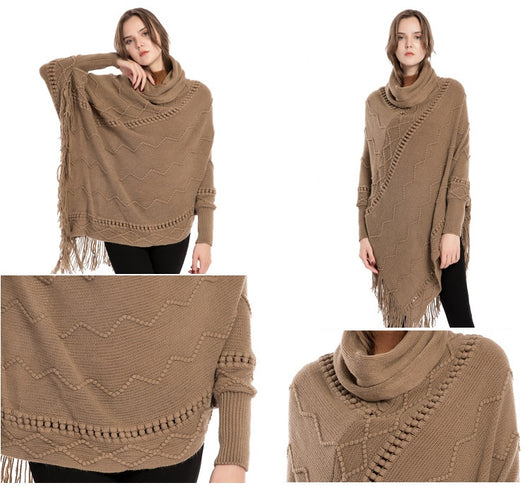 Suéter de Cuello Alto con Flecos Acrilico - Poncho Cálido y Elegante - Image 17