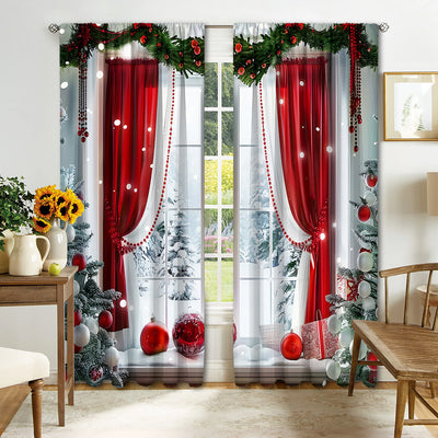 Digital printed Christmas curtains with a festive garland design, red ornaments, bows, and berries, on a white background. - Image 16