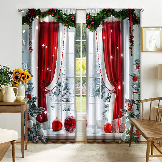 Digital printed Christmas curtains with a festive garland design, red ornaments, bows, and berries, on a white background. - Image 16