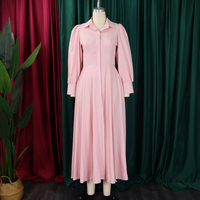 Vestido Camisero Elegante Manga Larga Ruedo Amplio Color Sólido - Image 15