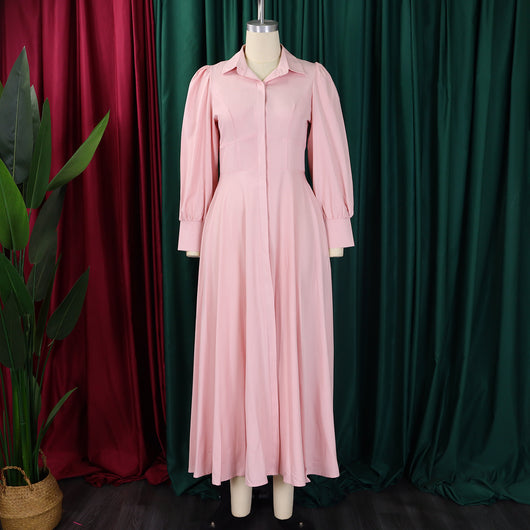 Vestido Camisero Elegante Manga Larga Ruedo Amplio Color Sólido - Image 15