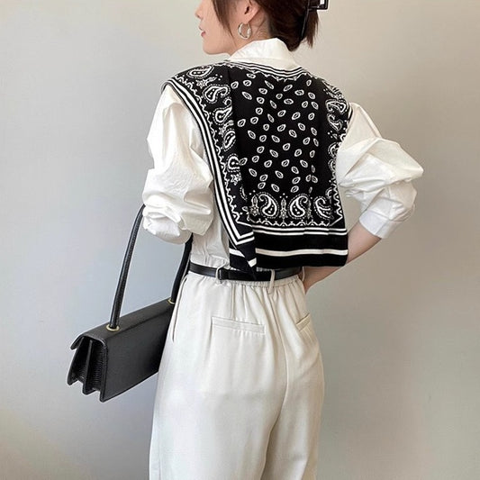 Blusa Tejida Coreana Primavera-Otoño con Cuello Falso y Detalles Paisley en Hombros - Image 2