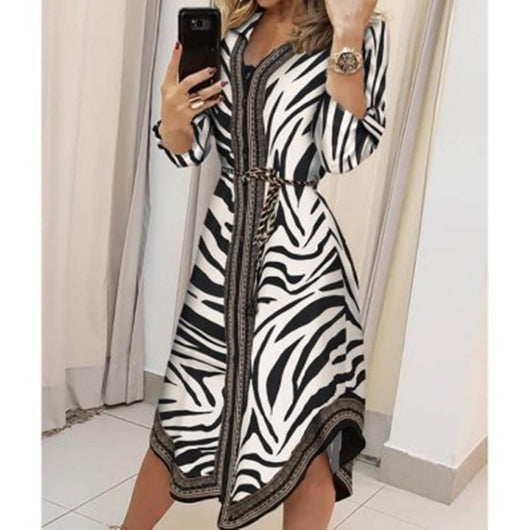 Vestido Largo Camisero con Estampado Geométrico Blanco y Negro - Image 6