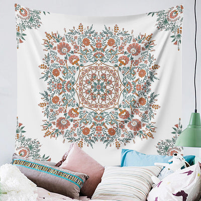 White bohemian retro tapestry with a central coral, teal, and brown floral mandala print and corner accents. - Image 6