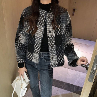 Chaqueta Tweed Suelta Cuello Redondo Estilo Vintage
