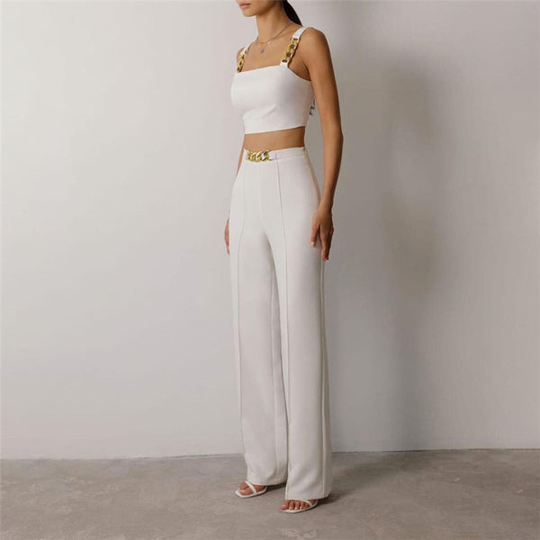 Conjunto de Pantalón Casual Cintura Alta con Top Tubo Encadenado