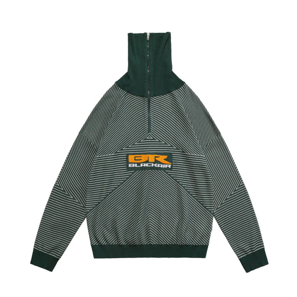 Suéter Gola Alta com Zíper Curto Listrado - Estilo Urbano Primavera Verão