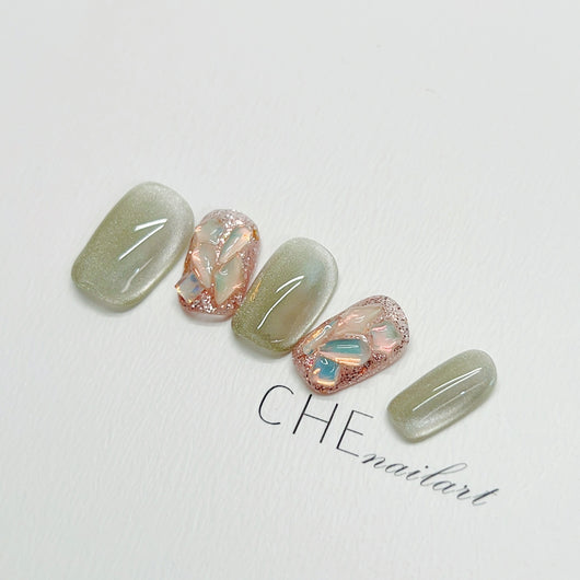Calcomanías de Uñas Ojo de Gato Verde Armadura Hecha a Mano - Image 6