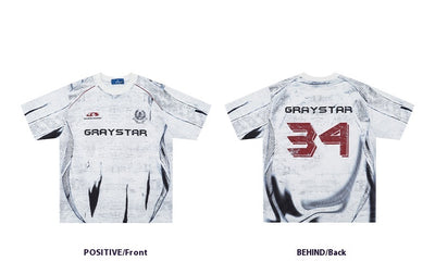 White short sleeve t-shirt with black and white abstract print, round neck, and 'GRAYSTAR' text on the front. - Image 12