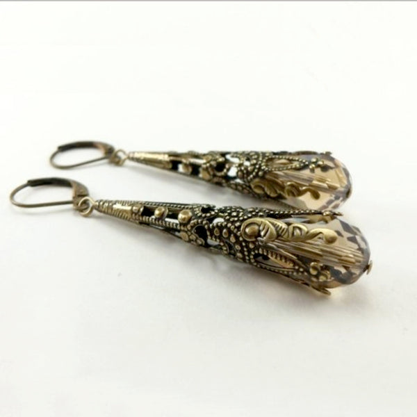 Aretes Largos de Cristal Vintage Lujo con Diseño Floral
