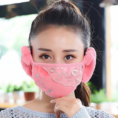 Brown winter mask with integrated faux fur earmuffs, featuring 'my girl' text and floral lace embroidery. - Image 22