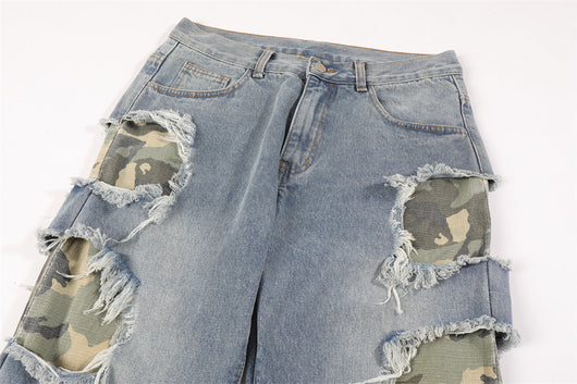 Pantalones Rectos de Camuflaje con Parches y Flecos Rotos para Hombre - Image 9