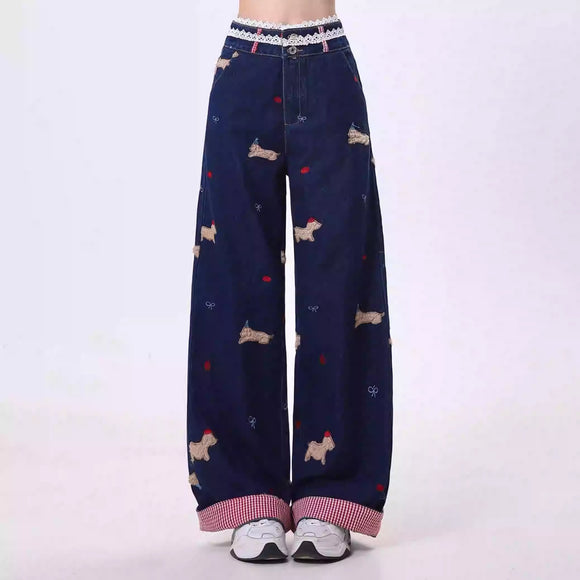 Jeans Harajuku Rectos Bordados Cómodos de Pierna Ancha