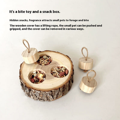 Wooden pet foraging snack box with three colorful pegs (blue, red, green) and green string 'stems' for rabbits and guinea pigs. - Image 14