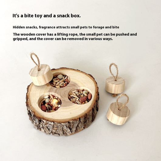 Wooden pet foraging snack box with three colorful pegs (blue, red, green) and green string 'stems' for rabbits and guinea pigs. - Image 14
