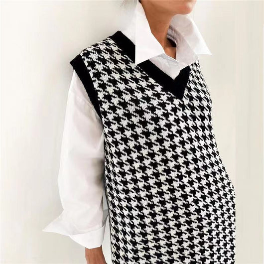 Chaleco Suéter Suelto Cuello V Estampado Pata de Gallo para Mujer - Image 11