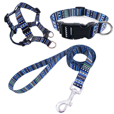 Blue geometric pattern pet collar, harness, and leash three-piece set with black buckles and silver hardware. - Image 3