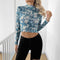 Playera Mesh Azul Transparente de Manga Larga con Cuello Mao