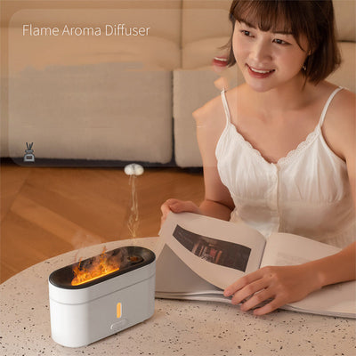 White rectangular flame lamp humidifier and aromatherapy machine with a black top and control buttons.