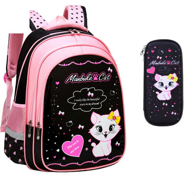 Kids black and pink backpack with a cute white cat print, paired with a matching lunch bag. - Image 9