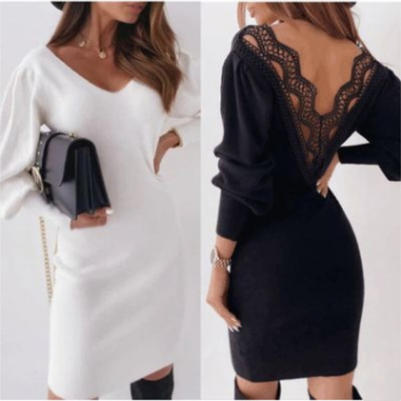 Vestido Largo de Encaje con Manga Larga para Otoño e Invierno